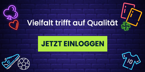 Neonillustration mit Casinound Sportmotiven und Einloggen Hinweis