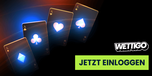 Leuchtende Asskarten mit Wettigo Logo und Einloggen Hinweis