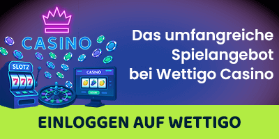 Casinoillustration mit Slotmaschine Roulette und Hinweis auf das Spielangebot von Wettigo